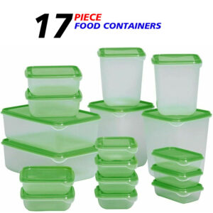 PLASTIC FOOD CONTAINER SETS FRIDGE FREEZER STORAGE TUBS & LIDS GREEN SET OF 17